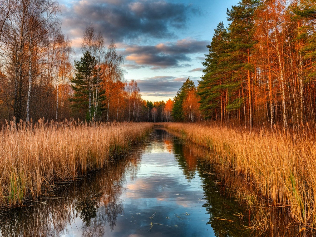 Осенняя симфония природы, где тихая река или канал служит зеркалом для живописных берегов, покрытых осенней листвой и сухой травой