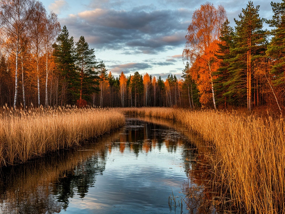 Завораживающий пейзаж узкой лесной реки, берега которой усыпаны высокими сухими камышами в осеннем золотом свете