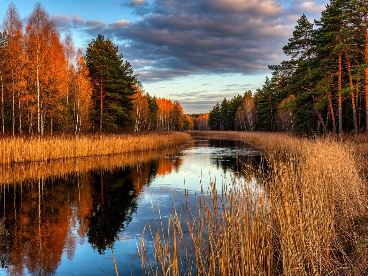 Спокойное течение реки, отражающей яркие краски осеннего леса под изменчивым предзакатным небом