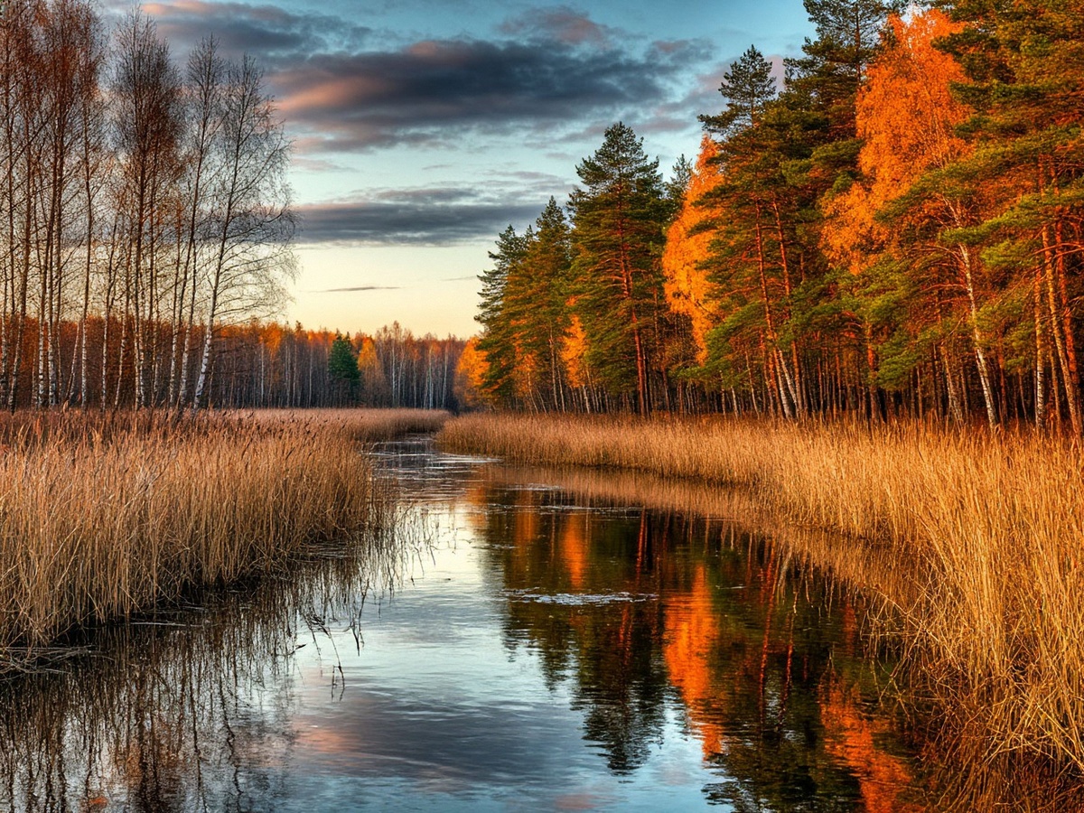 Безмятежная картина осеннего вечера на реке, где тихая вода зеркально отображает контраст обнаженных берез и пылающих охрой и золотом хвойных деревьев