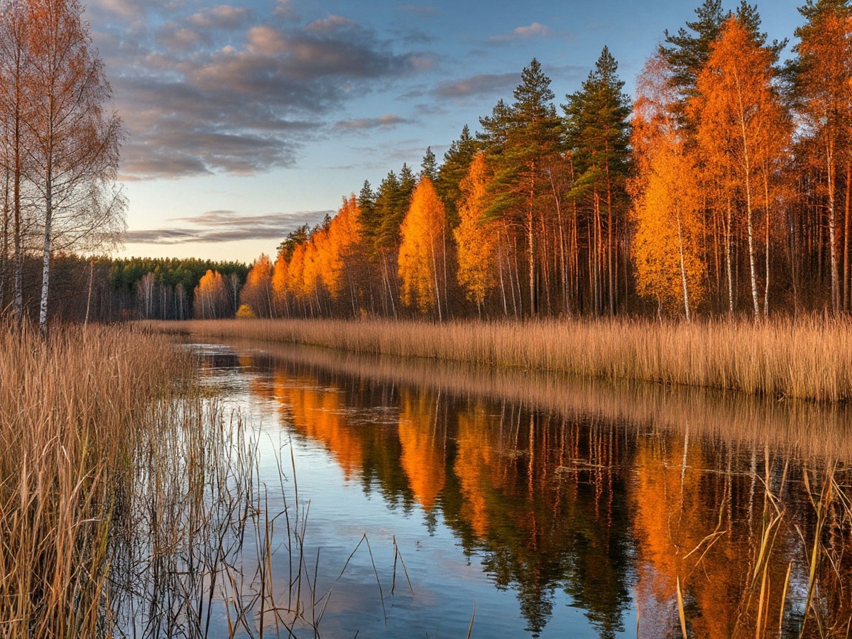 Умиротворяющая картина осенней природы с тихой рекой, отражающей насыщенные цвета листвы и создающей ощущение спокойствия и гармонии