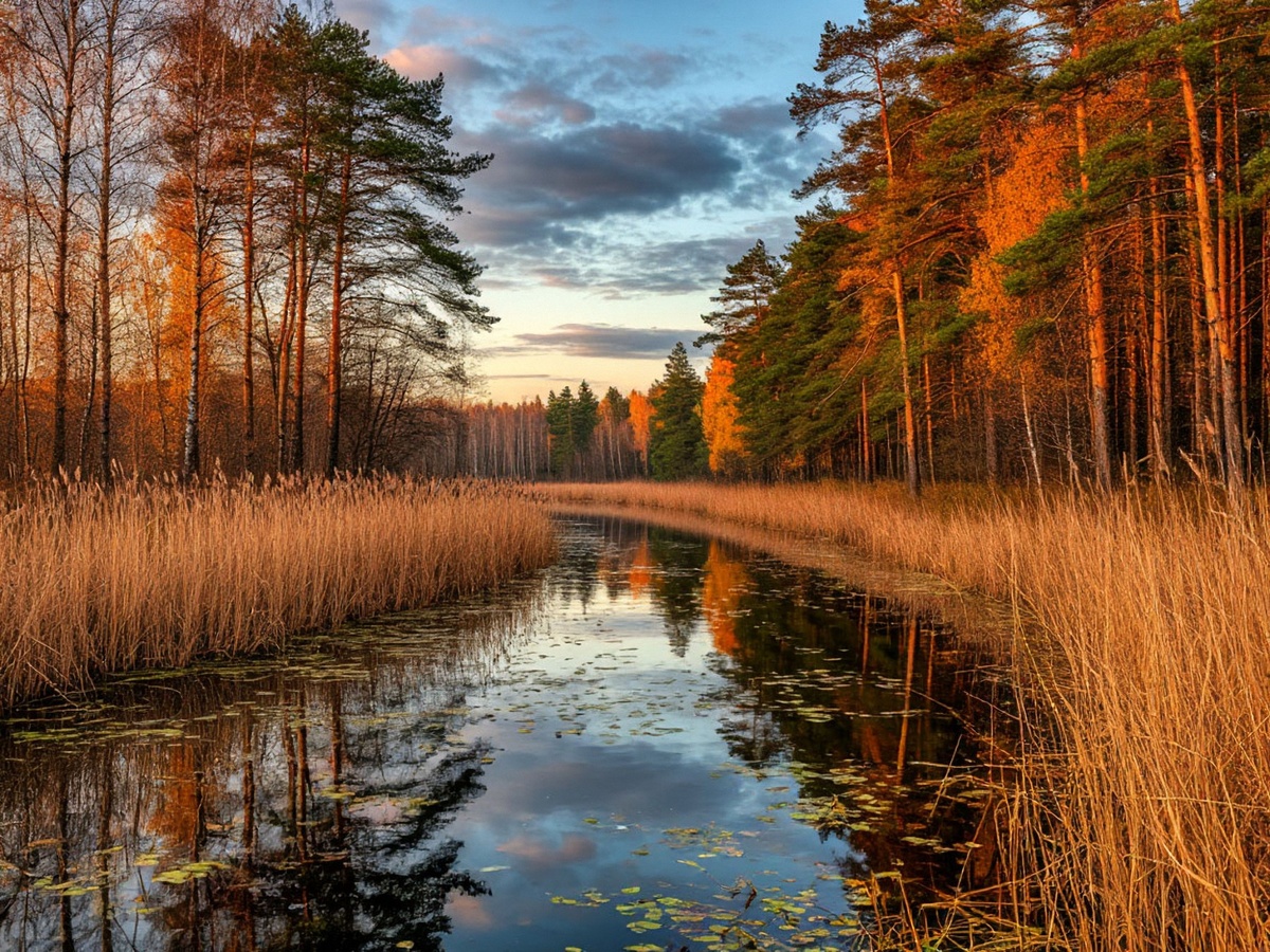 Живописный вид лесной речки, по берегам которой раскинулись сухие золотистые заросли и осенний лес, отражающийся в спокойной воде