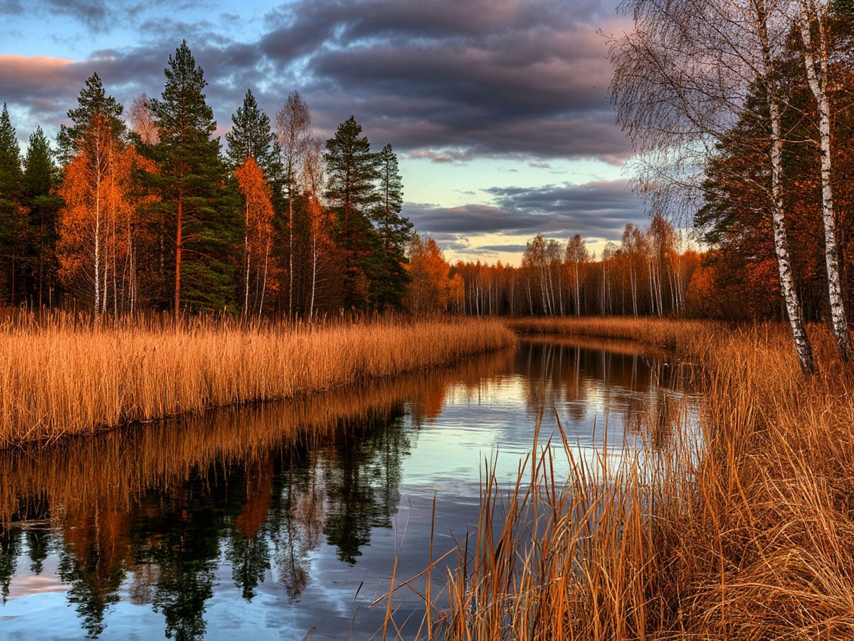 Завораживающее зрелище осеннего леса, чьи яркие краски листвы контрастируют с прохладной гладью реки, несущей отражение облаков