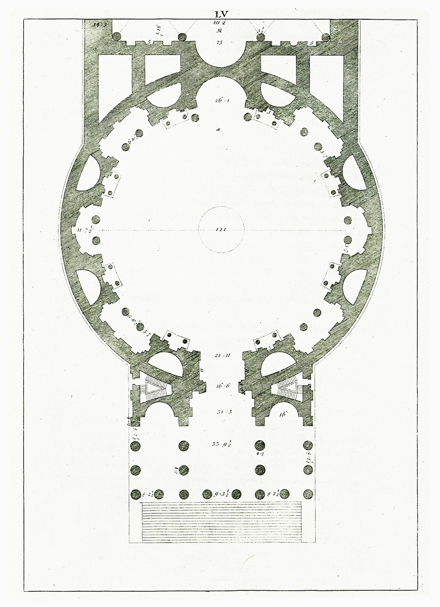 Согласно плану Пантеона (1570), составленному Джакомо Леони, ширина дверного проема составляет 16,6 футов (4,8 м)