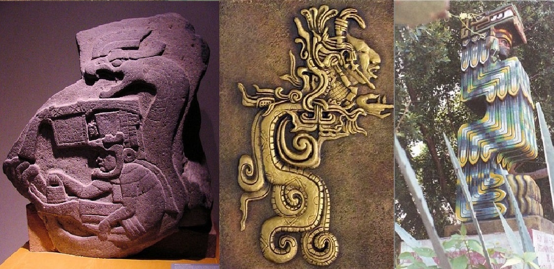 КЕТЦАЛЬКОАТЛЬ - "ПЕРНАТЫЙ ЗМЕЙ" легенд Месоамерики БЫЛ СОВЕРШЕННО НЕ ПОХОЖ НА ИСПАНЦЕВ. Слева - его первое, древнейшее изображение: ольмеками в 1200г до н.э. В центре - его изображение у майя: под именем Кукулькана в 1000г н.э. Справа - статуя в современной Мексике. (материал из открытых источников)