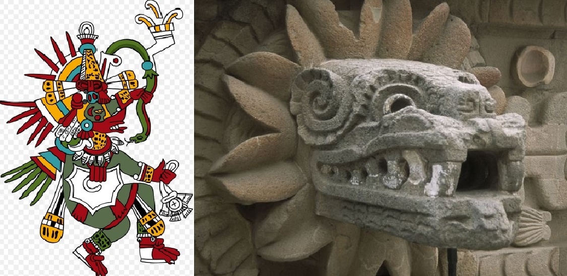ИЗОБРАЖЕНИЯ КЕТЦАЛЬКОАТЛЯ АЦТЕКАМИ. Справа - более древнее. Слева - хорошо виден крест на амулете этого бога. (материал из открытых источников)