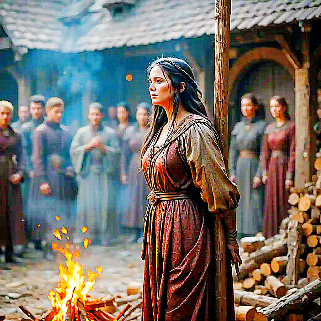 Изображение Мириам де ла Крус. Стоит перед казнью за молитву на еврейском языке в средневековую эпоху церковного гнёта.