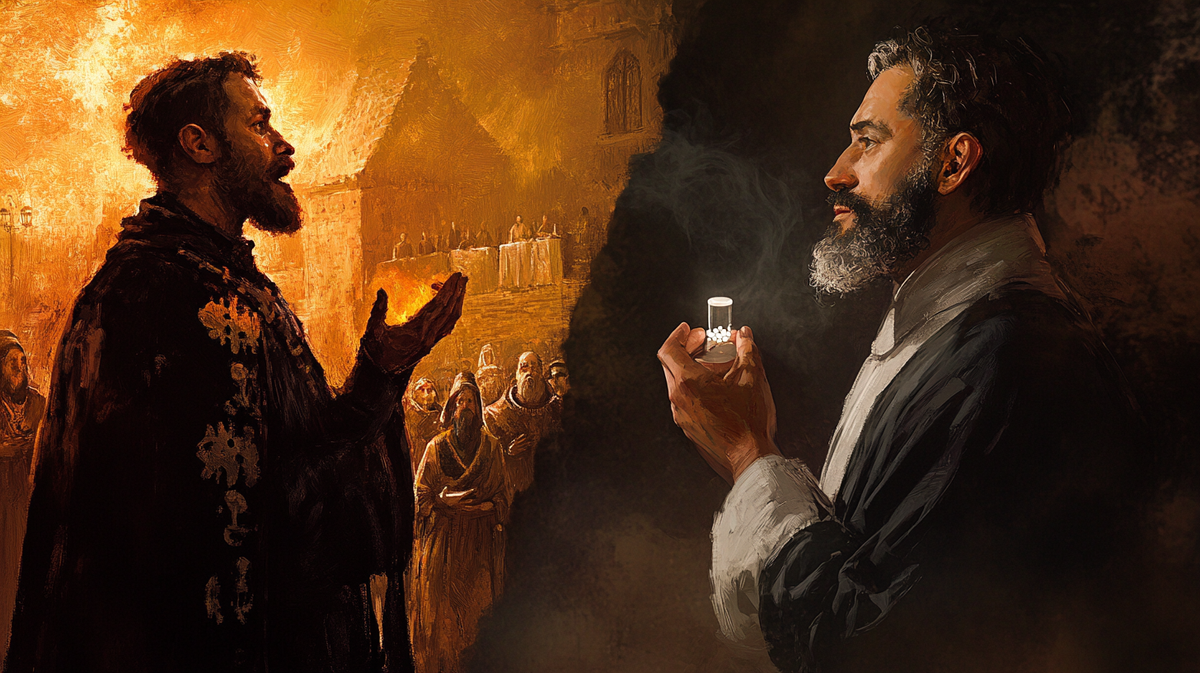 Иллюстрация: Средневековый поющий на похоронах и современный врач с плацебо — мост между прошлым и настоящим.