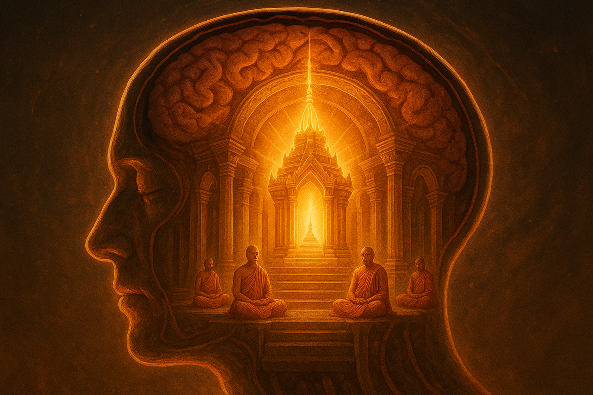 Внутри человеческой головы сияет храм — символ веры, медитации и самоисцеления.