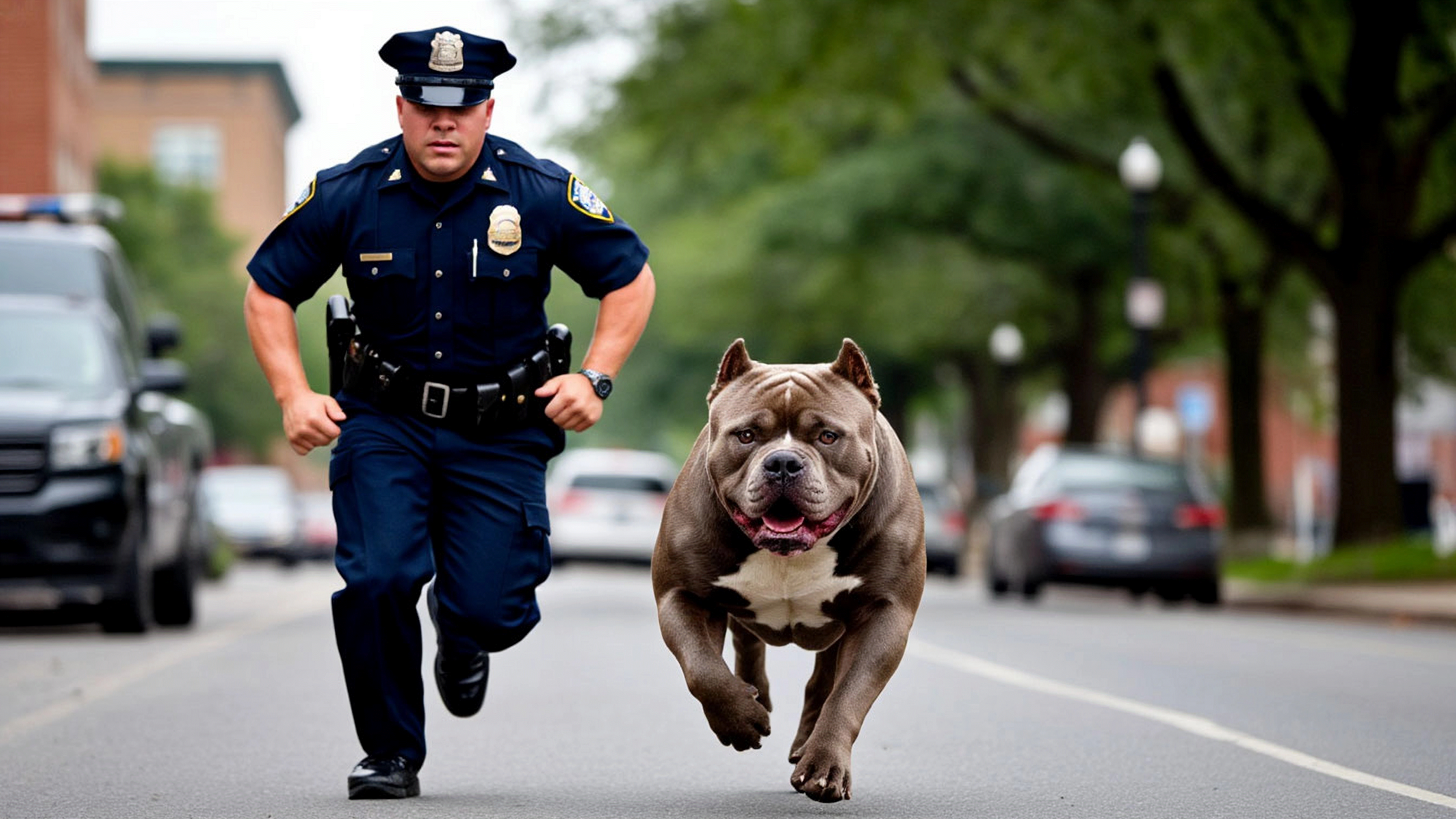 американский булли убегает, полицейский бежит за ним
