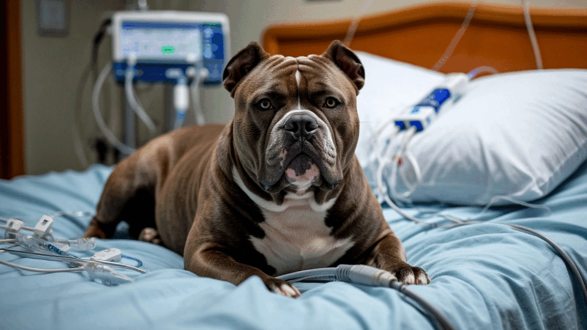 американский булли лежит на больничной койке