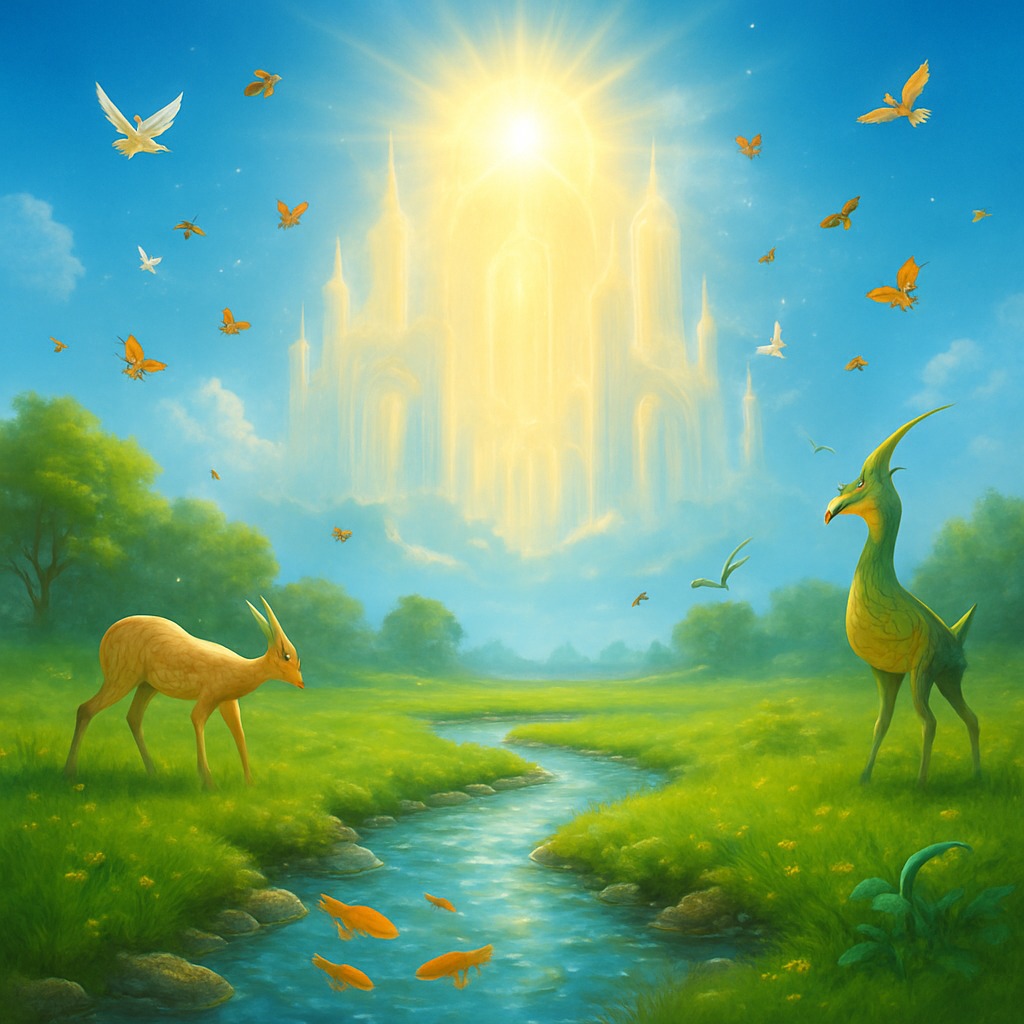 Название: Обитель Света в начале Вечности

Описание:

На этом фантастическом изображении представлена нетленная обитель, сияющая в ясном солнечном свете. В самом центре небес — ослепительно-золотой Дворец Света, словно сотканный из самого сияния, он парит в воздухе, не касаясь земли. Его башни, прозрачные и светящиеся, словно отражают внутреннюю Славу, а не солнечные лучи. От сияния простирается мягкое золотое свечение, пронизывающее небеса и озаряющее всё вокруг.

Под ним — благословенная долина. Чистейший родник-ручей мягко вьётся по зелёной равнине, отражая голубое небо и золотые лучи. В его прозрачных водах с игрой света плавают рыбы необычных форм и цветов — как будто каждая из них знает своё место в гармонии бытия. По берегам струится мягкая трава, полная жизни и свежести.

На переднем плане — удивительные животные: один напоминает грациозную антилопу с глазами, полными мудрого покоя; другой — величественную птицу с перьями, переливающимися всеми оттенками зелени и золотого янтаря. Их движения неспешны, как будто они дышат в ритме Вечности.

В небе парят белые и золотые птицы, неся на крыльях радость. Среди них — бабочки и пчёлы, словно живые искры света, пронизывающие тёплый воздух. Всё пространство наполнено глубоким покоем и невидимой, но ощутимой Силой — неземной гармонией, в которой нет ни страха, ни времени, ни смерти.

Этот пейзаж — не просто красивая сцена. Это свидетельство истинной Обители, уготованной тем, кто принял Истину и входит в Свет не по своей «правде», но в Духе и Истине. Это не мечта, не аллегория — это реальность другого измерения, доступная только в живом Единении с Духом