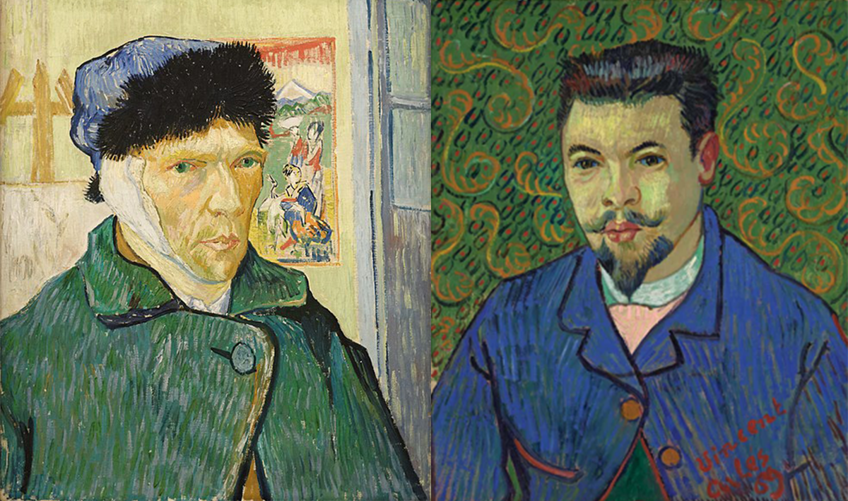 Слева направо: 1) «Автопортрет с отрезанным ухом и трубкой», 1889. Лондон, Институт Курто. 2) «Портрет доктора Рея», 1889. Москва, ГМИИ.