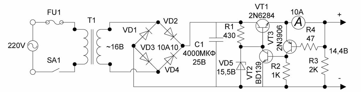 Рисунок 2 - Зарядное устройство со стабилизацией по току и напряжению, схема электрическая принципиальная