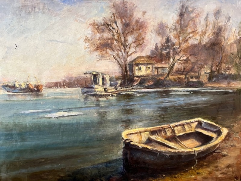 "Рыбацкая лодка". 2024. 29/42 см, грунтованная бумага , масло.