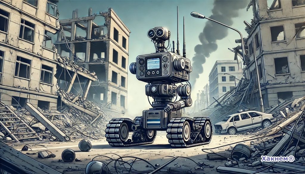 Автономный робот-сапёр, управляемый нейросетью, выполняет боевую задачу в условиях разрушенной городской среды.