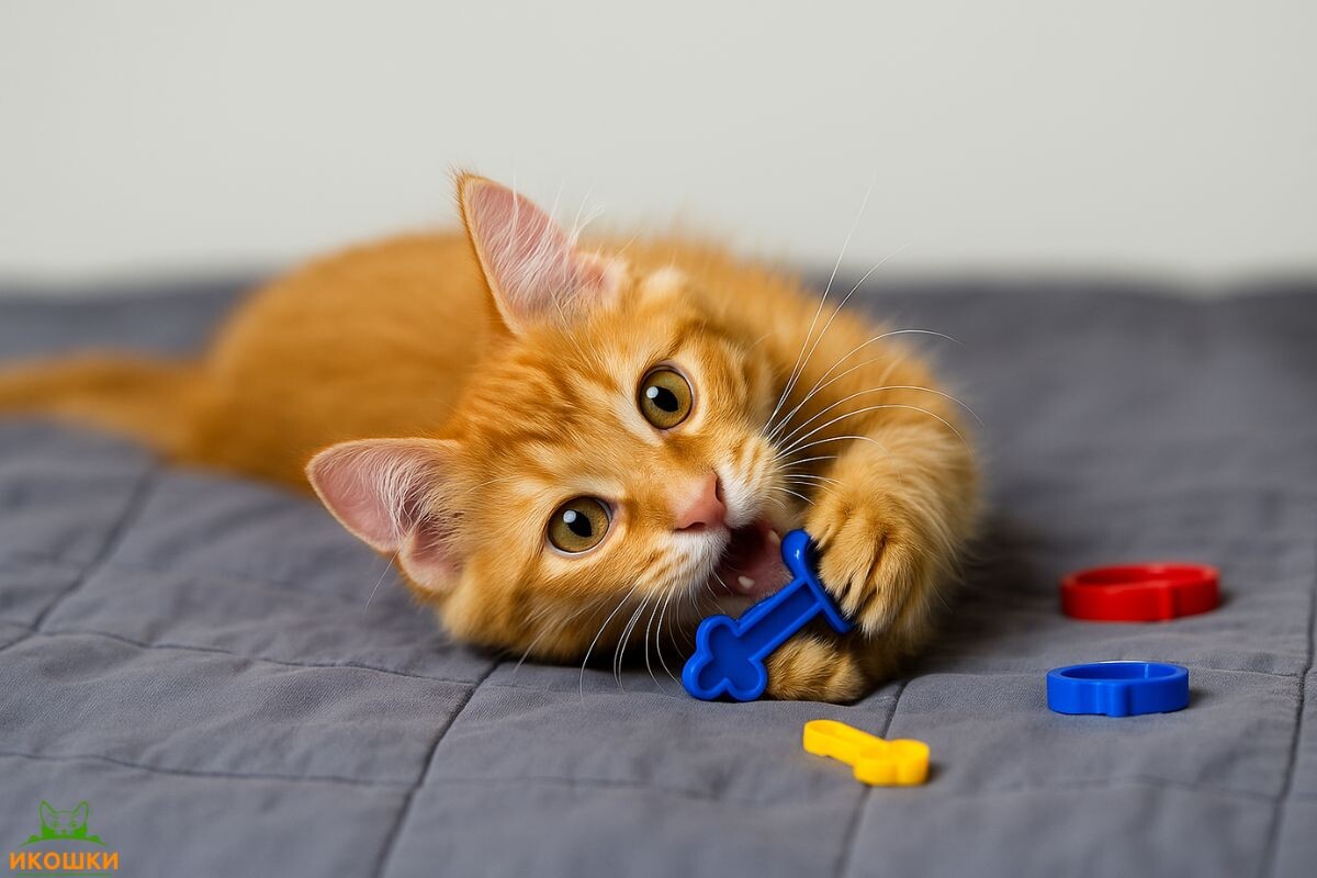 Котёнок играет с яркими игрушками, лежа на сером покрывале
