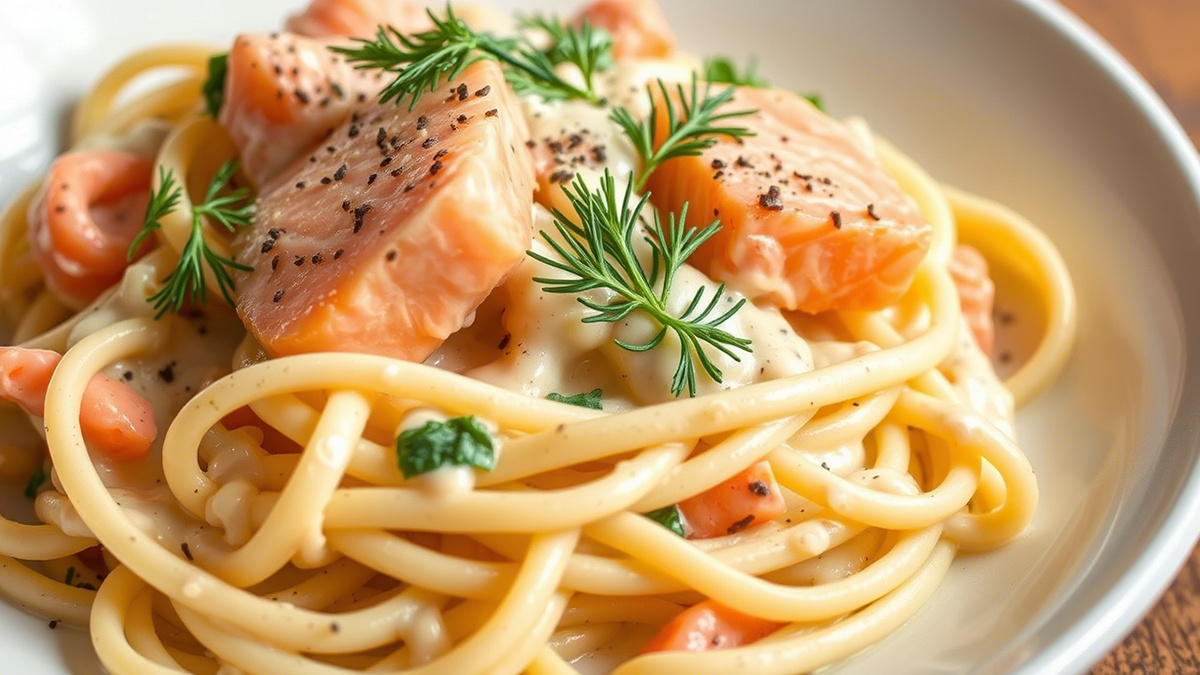 Фарфалле с лососем в сливочно-укропном соусе