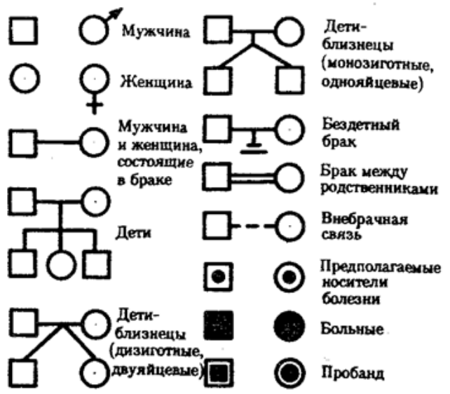 Рис. 1. Условные обозначения при составлении родословных (по Г. Юсту)