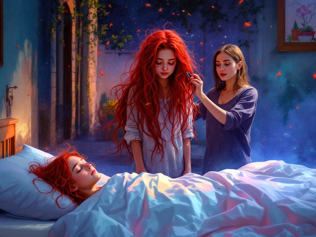    К чему такое снится: Художник рисует двор, где стоит девочка с длинными рыжими волосами. Она выглядит неопрятно. Рядом с ней женщина, начинающая расчёсывать её волосы, на лице которой от