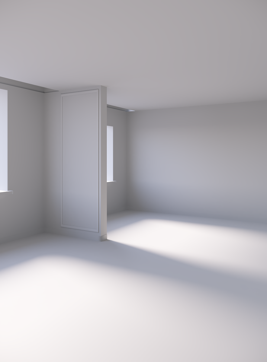 Интерьерная 3D модель помещения. Пустая светлая комната с белыми стенами, полом и потолком.