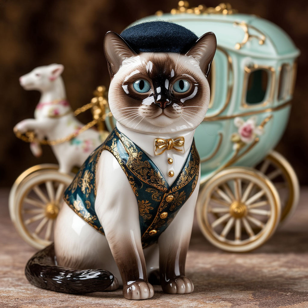 Фарфоровый Тайский кот Ти и фарфоровая карета: иллюстрация, созданная искусственным интеллектом по моему запросу.