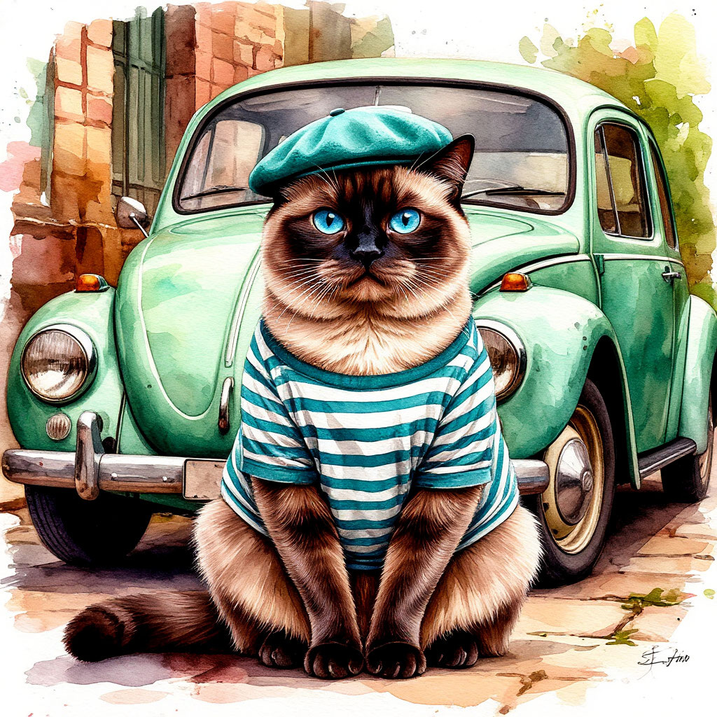 Тайский кот Ти и светло-зелёный Citroën: иллюстрация, созданная искусственным интеллектом по моему запросу.