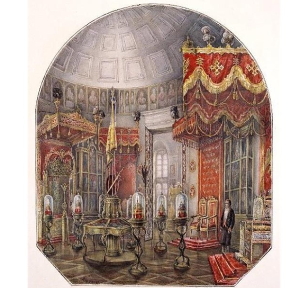 Дмитрий Струков. Экспозиция круглого зала второго этажа Оружейной палаты с государственными регалиями». Вторая половина XIX. Картон, акварель, тушь, лак. 54,5 х 44,9. Государственный историко-культурный музей-заповедник «Московский Кремль»