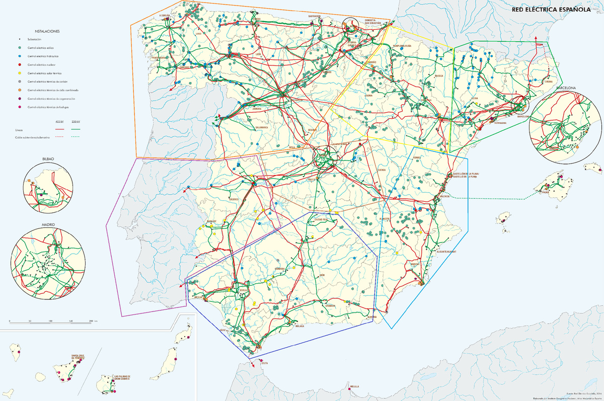 Карта-схема (ближе к карте) испанской энергосистемы 2016 года с этими же выделенными регионами. Цвета линий по напряжениям ВЛ, без выделения КЛ (обозначены пунктиром). Точками обозначены ПС, кружками – ЭС: зелёными – ВЭС, голубыми – ГЭС, красными – АЭС, жёлтыми – СЭС, прочими – ТЭС различных типов