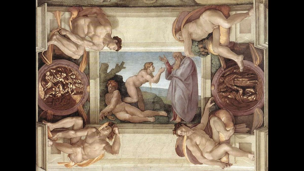 Микеланджело "Сотворение и грехопадение". Потолок Сикстинской капеллы. Фрагмент.