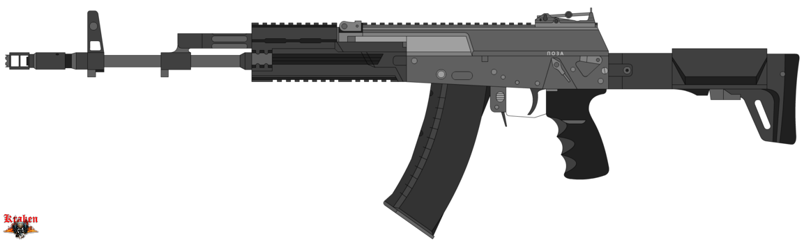 Автомат АК-12 образца 2012 (ранний вариант). Отсутствует планка на газоотводной трубке, другие рукоятка и пламегаситель. 
