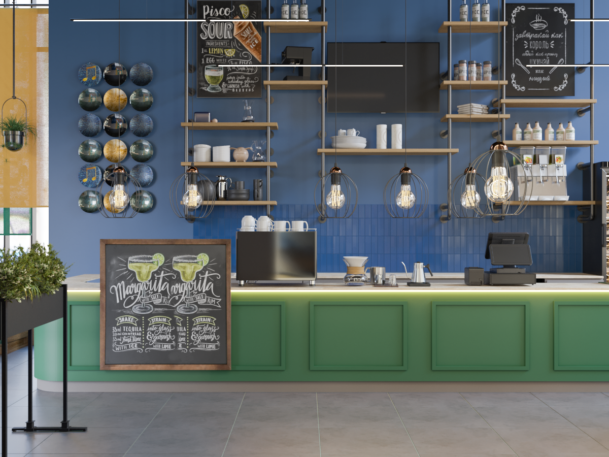 Интерьер лаконичный, но яркие цвета и акцентные детали делают его запоминающимся