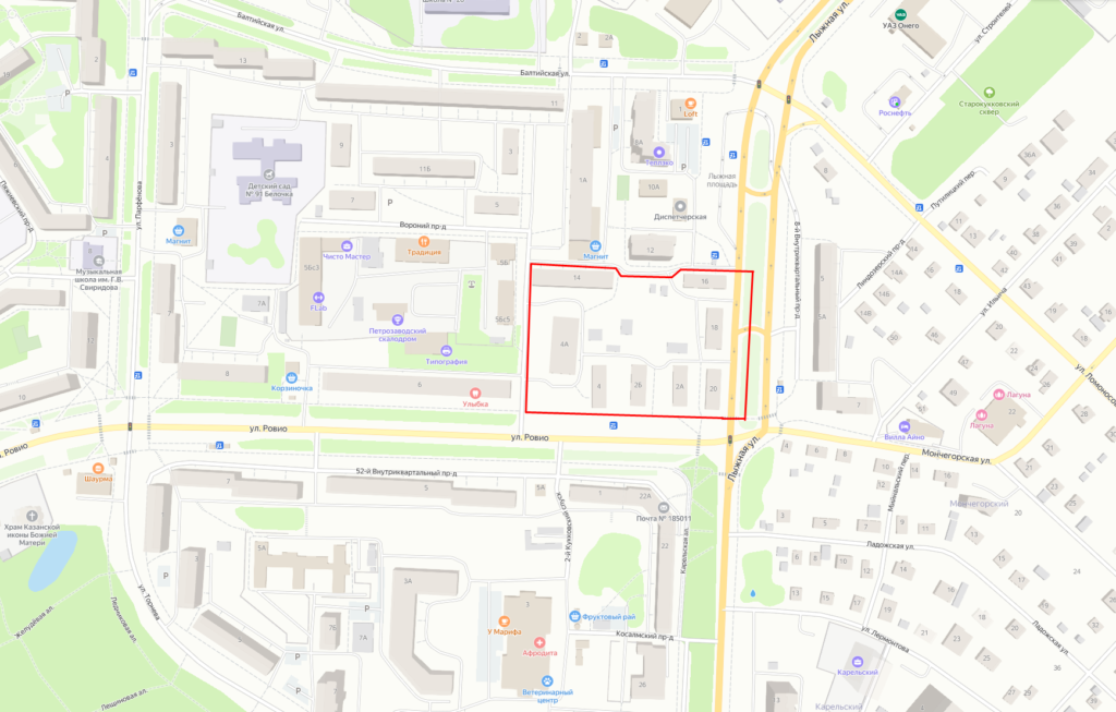    Комплексное развитие территории квартала, ограниченного ул. Ровио, Лыжной, Внутриквартальным и Вороньим проездами. Скриншот с сервиса «Яндекс Карты»
