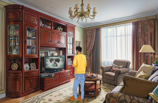 Тони смотрит кассету с рекламой Поппи. Иллюстрация моя