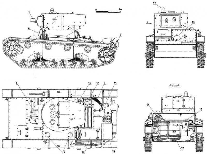 Чертёж-схема огнемётного танка на базе Т-26. Изображение в свободном доступе.