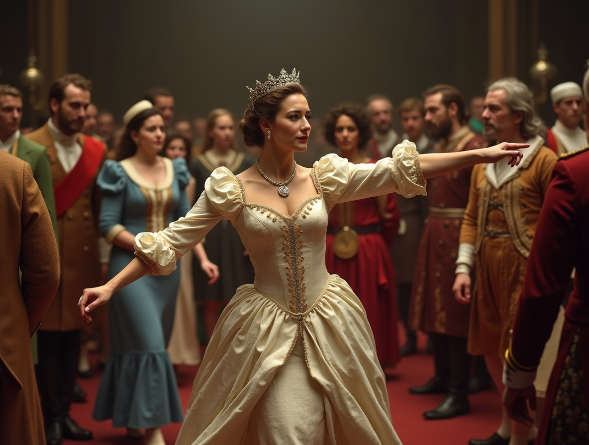 Елизавета отплясывает, а вокруг стоят уставшие придворные кавалеры