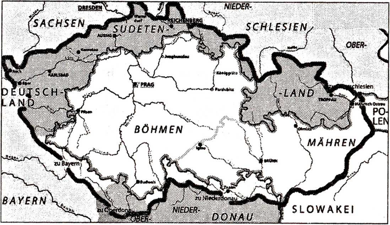 Карта Чешской Республики, территории, обозначенные серым, — земли с немецким населением, вошедшие с 1938 года в состав Германии, территории, обозначенные белым цветом — Протекторат Богемия и Моравия. Из откртытых источников