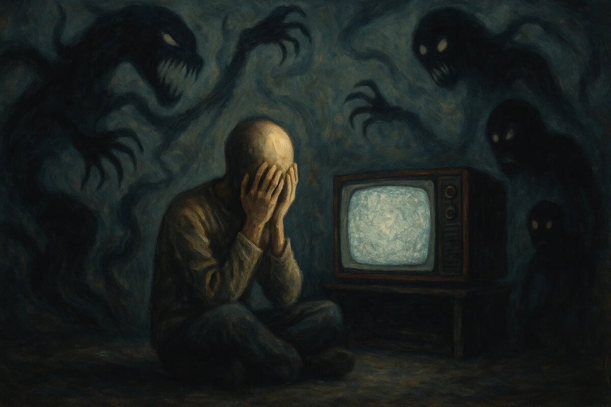 Страх, застывший в лице: человек смотрит ужастик в тёмной комнате