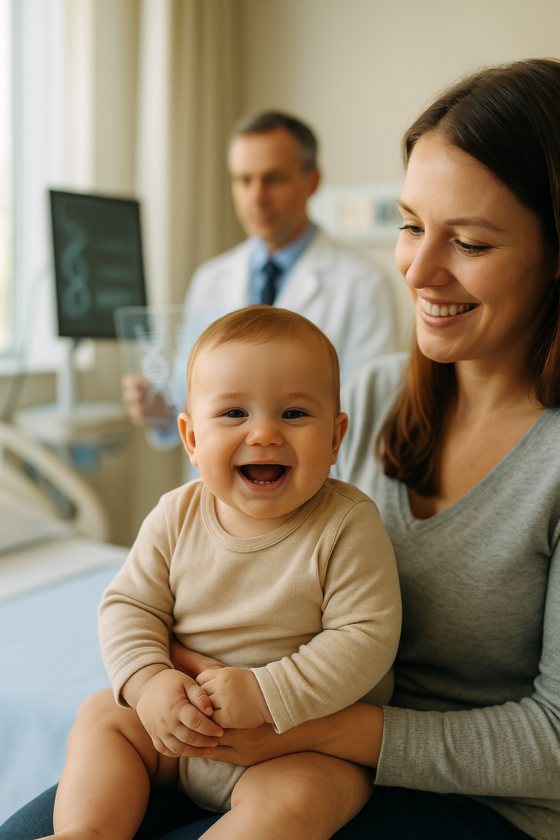 Улыбающийся девятимесячный малыш на руках у мамы в яркой послеоперационной палате — живой символ победы персонализированного генного редактирования над редким заболеванием.