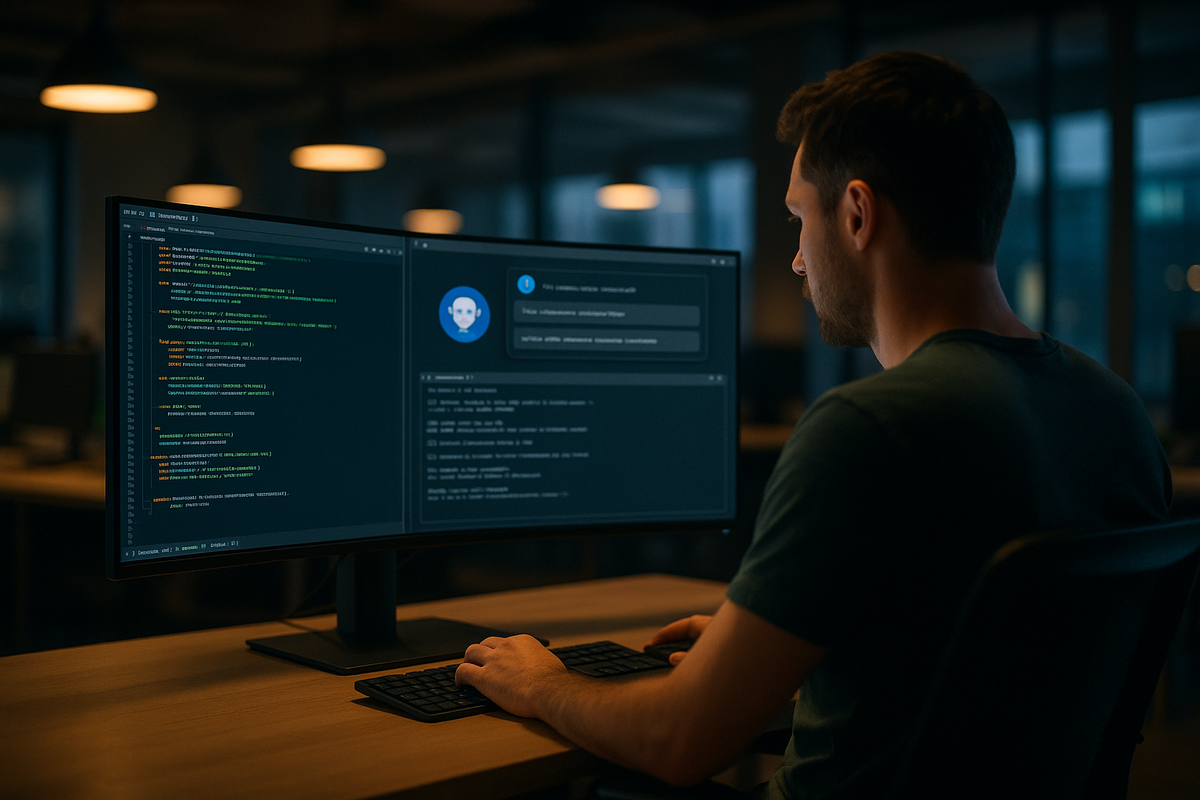 Разработчик за ультрашироким монитором наблюдает, как LLM-ассистент автоматически пишет код и запускает команды — наглядная демонстрация «волшебного» агентного цикла с инструментами.