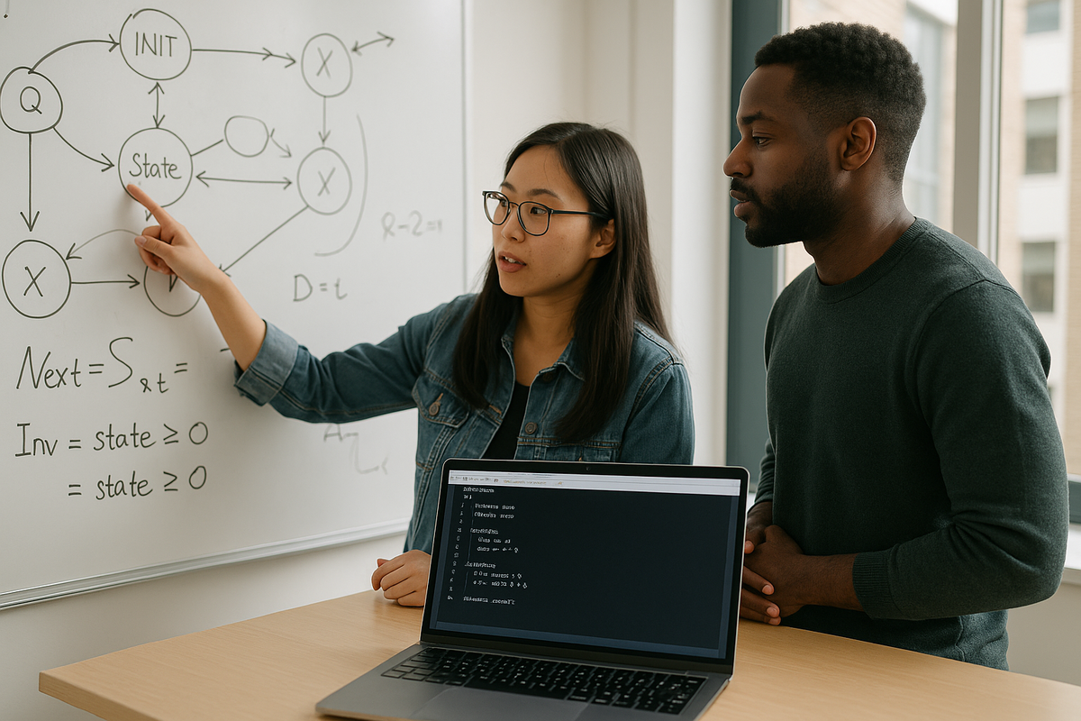 Два инженера обсуждают формальную спецификацию у доски с диаграммами состояний и ноутбуком с TLA⁺-кодом — визуализация того, как команда оживляет и модернизирует инструментальную экосистему языка.