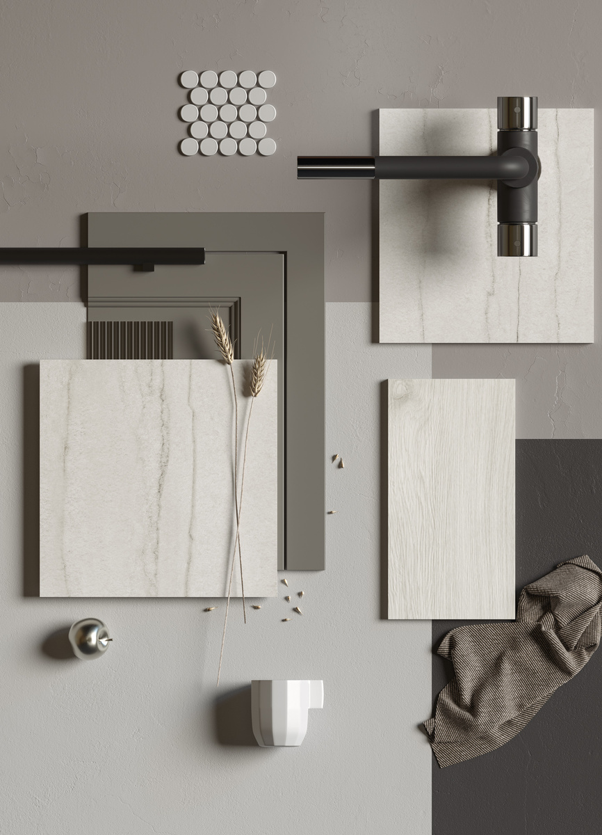 Мудборд с керамогранитом Beloe Ozero от бренда KERRANOVA