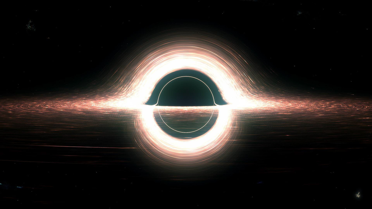 Черная дыра с аккреционным диском и искривлением пространства.