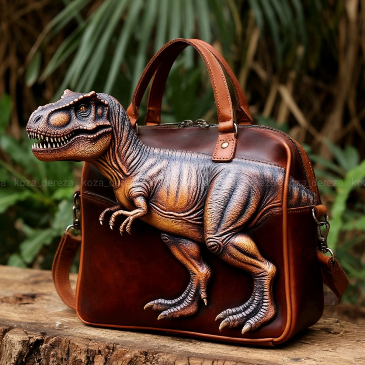 Пример кожаной сумки из будущей кожи T.Rex - фото автора статьи, созданное с помощью Яндекс Шедеврум