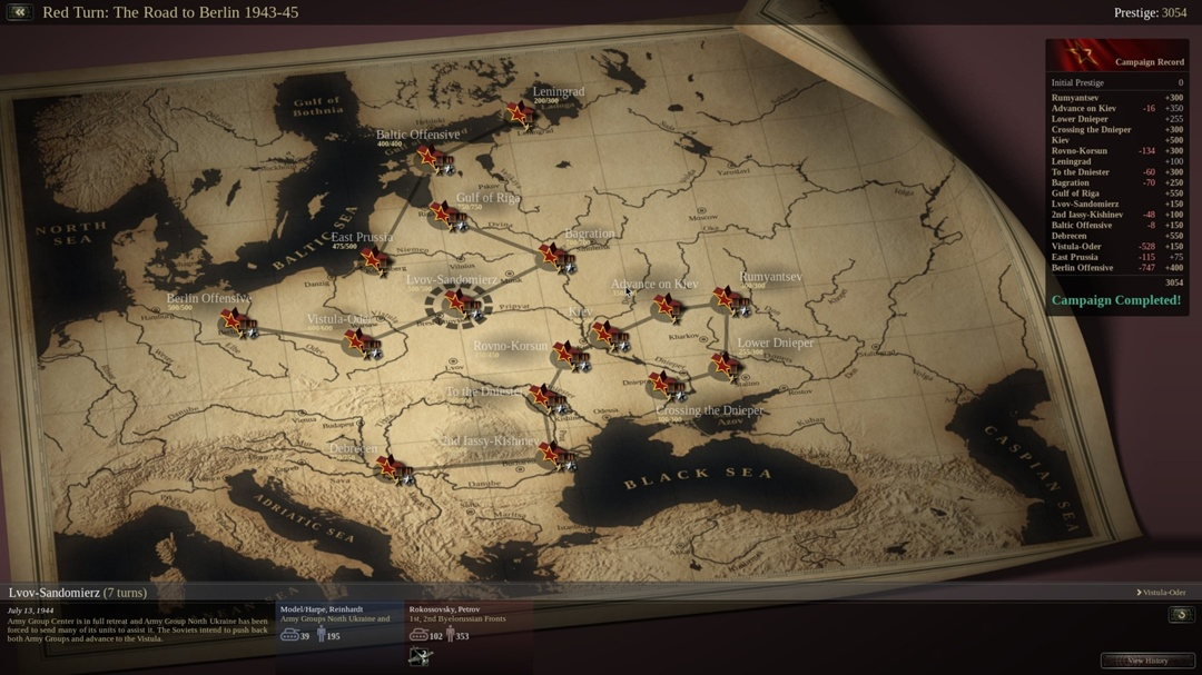 карта кампании Red Turn, охватывающей наступления Красной Армии с лета 1943 по весну 1945. Масштаб внушает