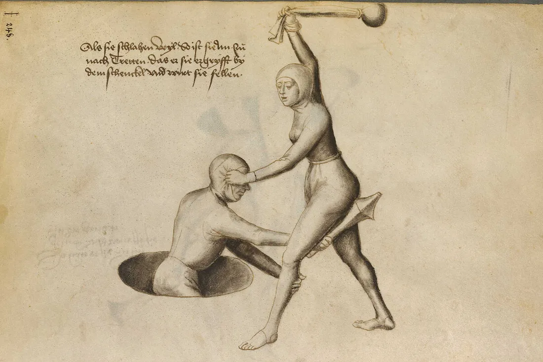 Фрагмент иллюстрации “Судебный поединок между мужчиной и женщиной”, Ганс Тальхоффер, 1467.