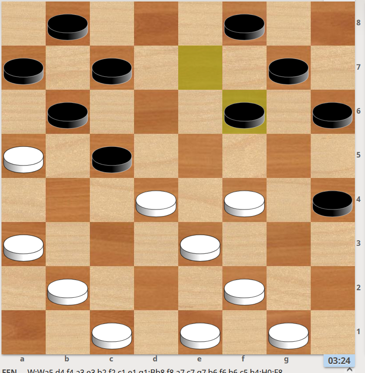 1.b4 (1.ed2 fg5 2.bc3 fe7 3.b2 gf6 4.h2 ed6 5.fe5 6.cd4x) 2. g3 3... e7 (3…fg5 4.h4 f6 5.de5 6.e3 c5 7…d4 8…d6 10.c3 c7 11.d4 ab6 12.fe5 13.e7 g3 14.d8 d6 15...f2 16.d6x) 4.f2 cd6 5…c7 6.c3 cb6 7.b4 8.d6x