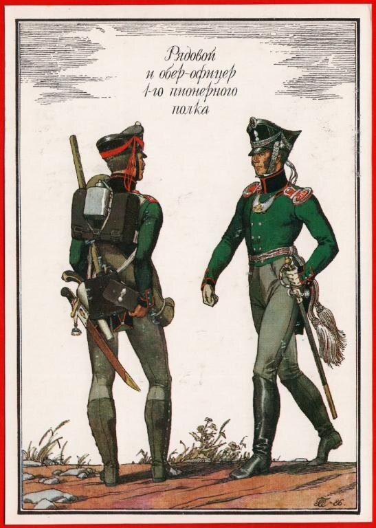 Рядовой и обер-офицер пионерного (сапёрного) полка, 1812 год.