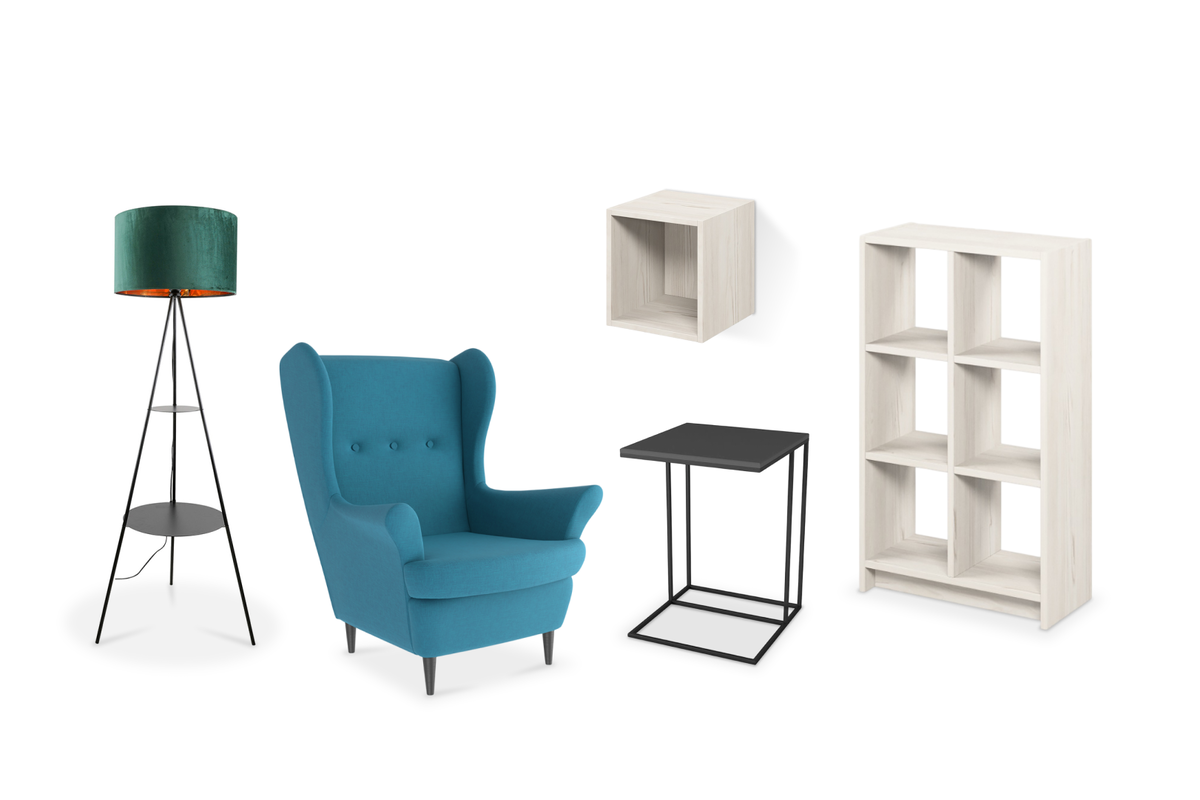 Преимущество мебели в духе «ИКЕА» — возможность легко комбинировать предметы. Стеллаж Lemo L-70 — 10 359* рублей, полка Lemo L-23 — 2922* рубля, кресло «Вало» — 21 999* рублей, журнальный стол «Хайгрет» — 7227* рублей, светильник Levy LSP-0667 — 20 689* рублей. Получился комплект за 63 196* рублей.