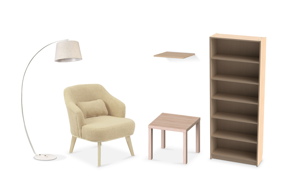 Вариант романтичный и легкий, подобно сентиментальной прозе Николаса Спаркса. Стеллаж «Варма» — 18 999* рублей, полка «Фора» — 799* рублей, кресло «Комфорт» — 23 224* рубля, журнальный стол «Энкель» — 2999* рублей, светильник Sumter — 21 175* рублей. Получился комплект за 67 196* рублей.